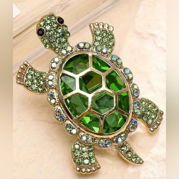 NEW 2/$40 Boho Nautical Formal Green Gold Turtle Brooch-(#0246) - Picture 2 of 3